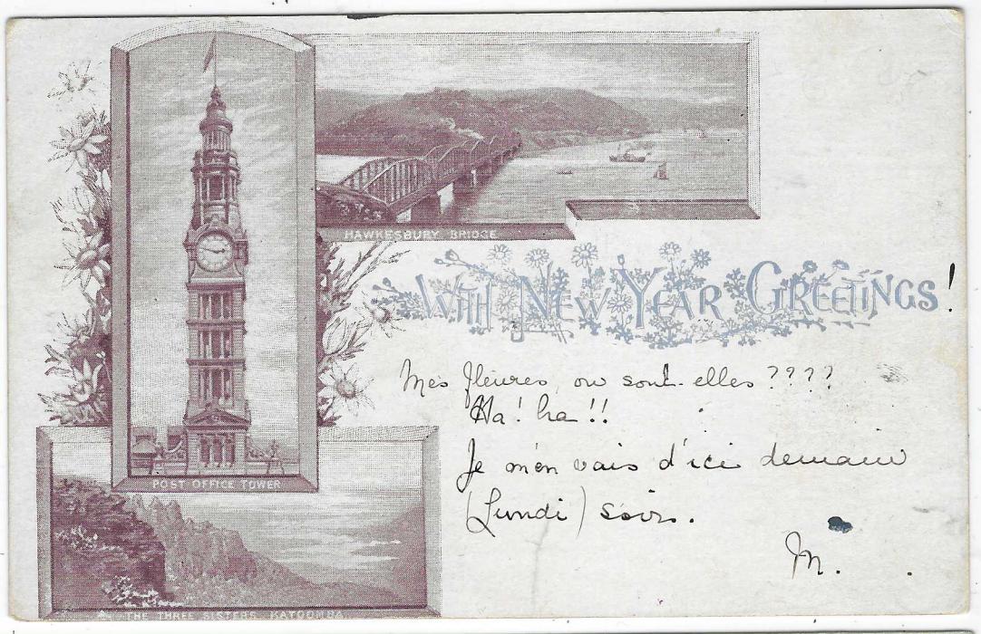 Australia (New South Wales) 1900 1d. picture stationery card in brown lilac ‘With New Year Greetings ’ bearing group of three images of Three Sisters, Post Office Tower and Hawkesbury Bridge, good used from Dubbo to East Melbourne; a scarce card