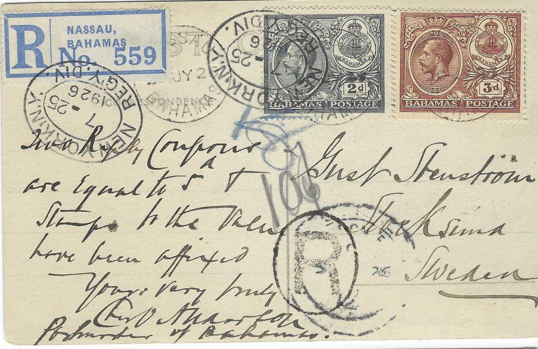 Bahamas 1926 (20 JY) registered picture postcard ‘Hotel New Colonial’ of Nassau to Sweden  franked 1920 ‘Peace’ 2d. and 3d. tied Nassau cds, registration label over despatch cancel but tied oval New York transit, with another strike tying 2d., unclear arrival cancel at base.