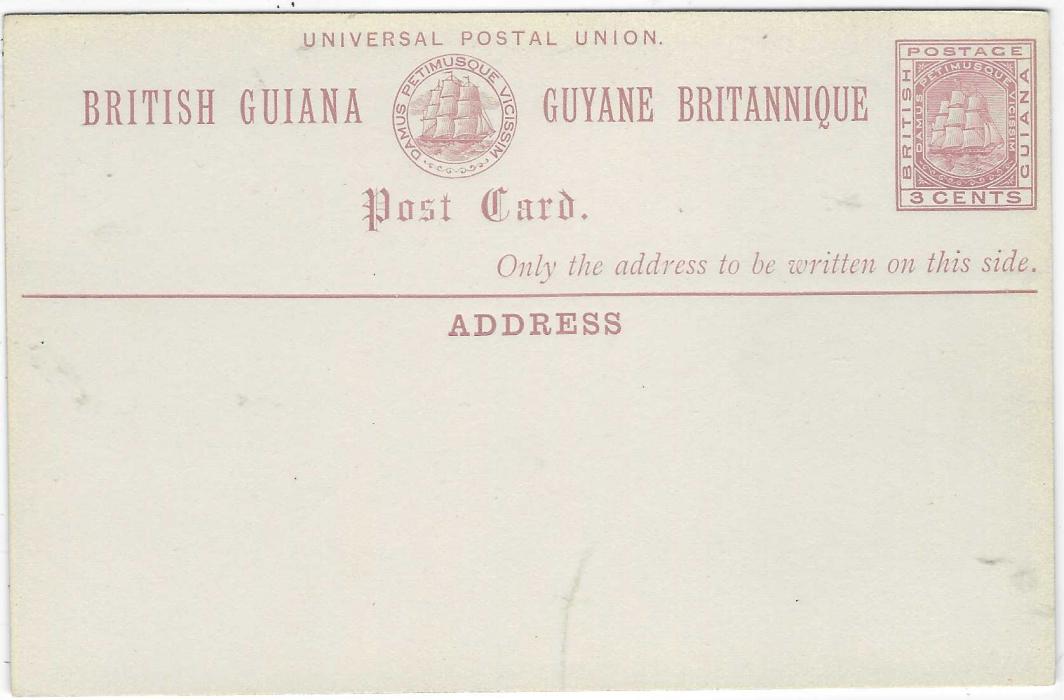 British Guiana 1879 3c postal stationery colour proof in dull magenta, the card with full text as the issued card. Type II with ‘N’ of ‘Union’ beyond the ‘E’ of ‘Guyane’ below. Very fine unused.