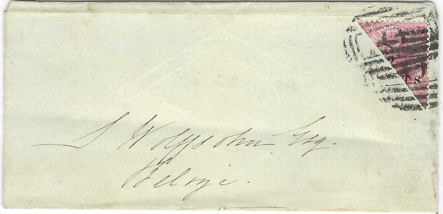 British Honduras Late `1880s local envelope franked 1888-91 London Surcharge 2c. on 1d. bisect tied by two ‘O’ obliterators, without further cancels; good correct usage.