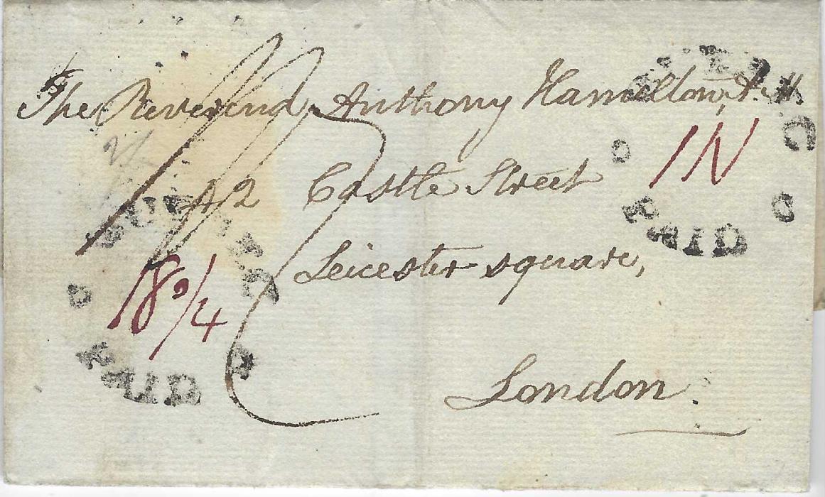 Canada 1828 (May 3) outer letter sheet to London bearing Quebec Paid handstamp (Only recorded in black by Robson Lowe 1815-26) with further strike at bottom left, the top right example with manuscript “IN” and the other “18¾ “, the front also showing m/s “1/7” for 8d incoming ship letter plus inland postage, reverse with Quebec fleuron and framed SHIP LETTER/ LIVERPOOL plus arrival cds.