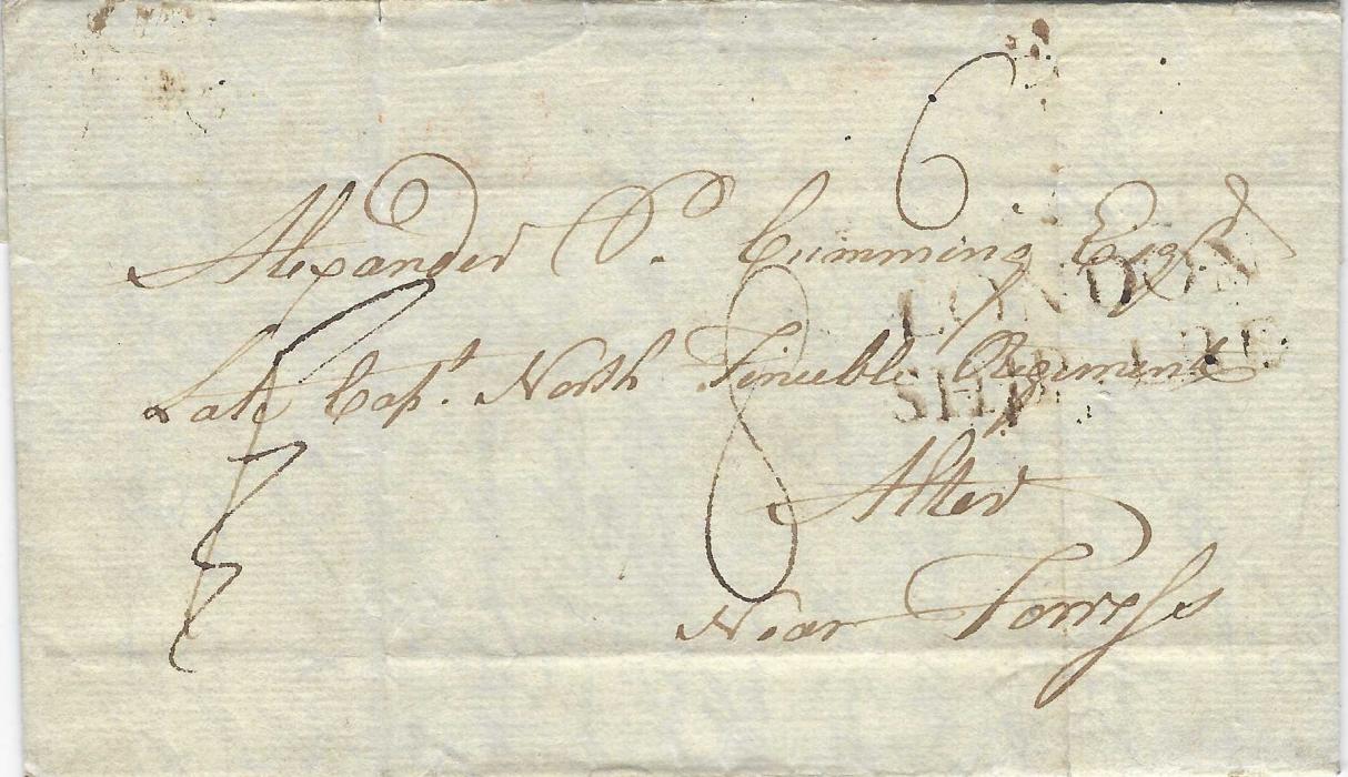 Nova Scotia 1785 (22nd December) entire from Halifax to Alter, Near Forres, Scotland via London bearing two-line LONDON/ SHIP LRE handstamp, reverse with London bishop Mark (13/FE) and Edinburgh Bishop Mark in red (FE/20).
This letter is a warning to a friend in the North Fencibles (a local defence force), that the writer is about to expose his commander for fraud by claiming more men in the regiment than it possessed.
