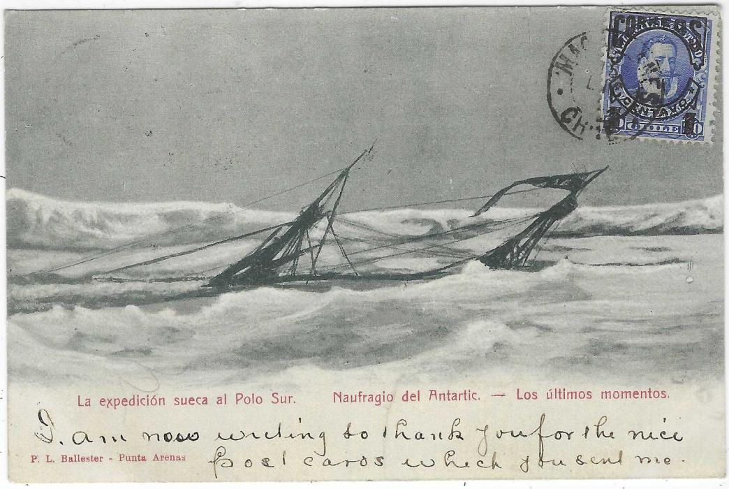 Falkland Islands 1905 incoming stampless picture postcard of Swedish South Pole Expedition ship sinking, from Magallanes, Chile (28 Dic 1904) to Port Stanley with heavy ‘T’ handstamp at left with manuscript charge, double ring FALKLAND ISLANDS central cds of JA 3/ 05; fine and clean condition.