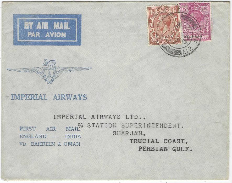 Sharjah 1932 (30 SP) ‘Imperial Airways’ England to India via Bahrain and Oman First Air Mail franked 1½d. and 6d. tied unclear cds, addressed to Station Superintendent, Sharjah, as no cancel available at this date backstamped in violet Dubai Persian Gulf cds of 6 OCT plus cds of 2 Nov on the return flight.