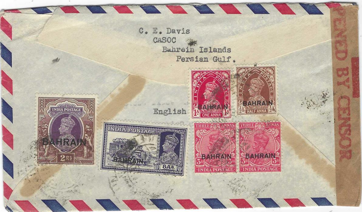 Bahrain Early 1940s airmail cover to USA franked at 2r.15a.6p. rate with adhesives tied by Bahrain Air Persian Gulf cds, censored en route and showing on front routing handstamp ‘Via B.O.A.C. to Aucklnd/ Pan American Airways/ to Sanfrancisco’, without arrival cancels.