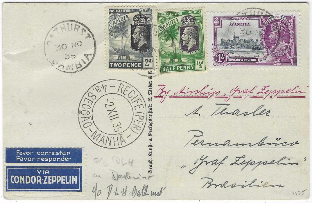 Gambia 1935 (30 NO) Zeppelin 16th South American Flight, 3rd Pendel Flight, Dr Hugo Eckener postcard from Bathurst to Recife, Brazil addressed to crew member Albert Thasler, 2.XII arrival. Very few items recorded from Gambia.