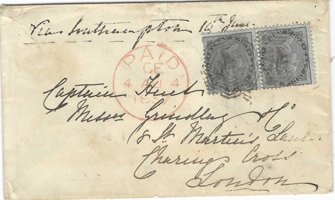 India (Used in Penang) 1857 cover to London endorsed “Via Southampton” franked pair 1855 4a. black/ blue glazed (SG Z26) tied two octagonal ‘B 147’ handstamps, red PAID arrival at centre; some slight ageing.