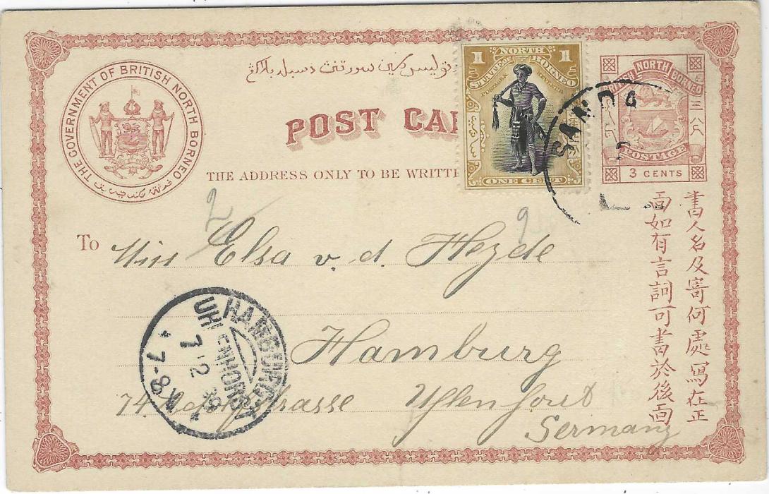 North Borneo 1899 (31/10) 3c. postal stationery card to Hamburg uprated 1c. tied single Sandakan cds, arrival cancel to left, with short message; fine clean condition.