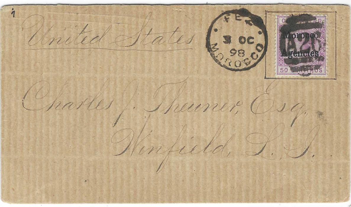 Morocco Agencies 1898 (3 OC) envelope to Winfield, New York bearing single franking 50c. bright lilac, overprint type I (SG 6) with heavy ‘A26’ obliterator with Fez Morocco cds alongside in association, reverse with Tangier transit and arrival cancels.
