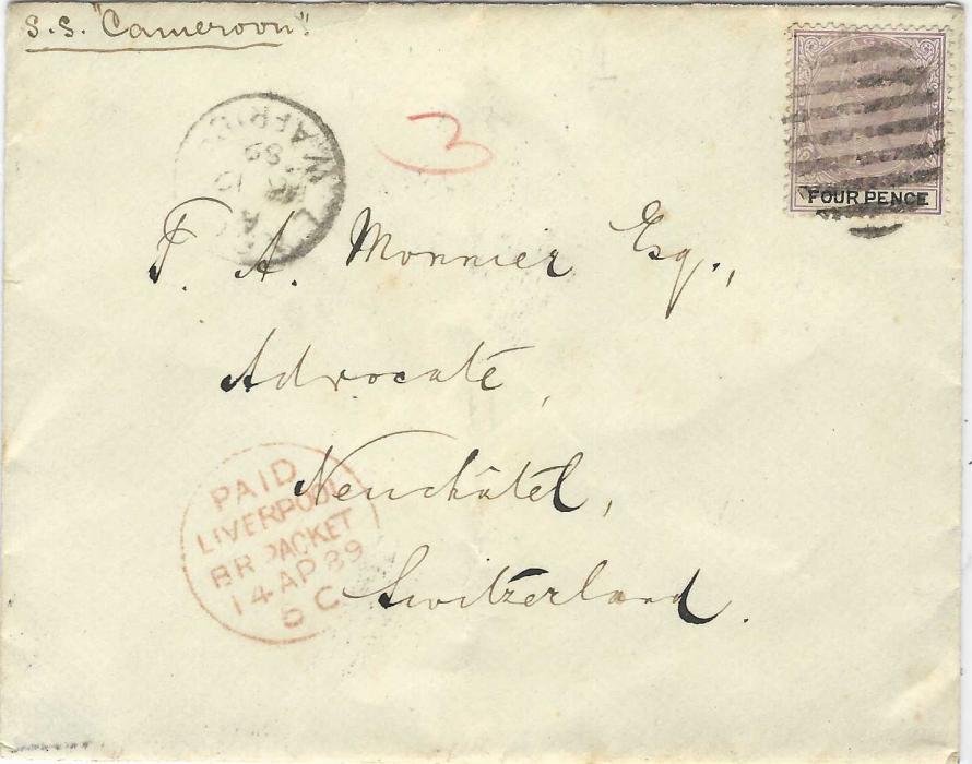 Nigeria `(Lagos) 1889 (MR 19) cover to Neuchatel, Switzerland bearing single franking 4d. tied by obliterator of bars, Lagos W.Africa datestamp to left, endorsed at top “S.S. Cameroon”, Paid Liverpool Br Packet transit of 14 AP, reverse with arrival cds of 16th; light central vertical filing crease.