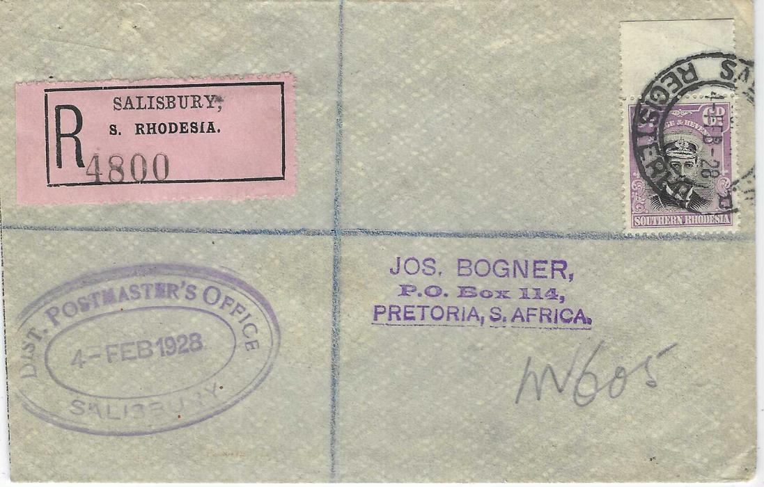Southern Rhodesia 1928 (4 Feb) registered cover to Pretoria bearing single franking top marginal 6d. tied Salisbury Registered date stamp, fine wax seal on reverse.