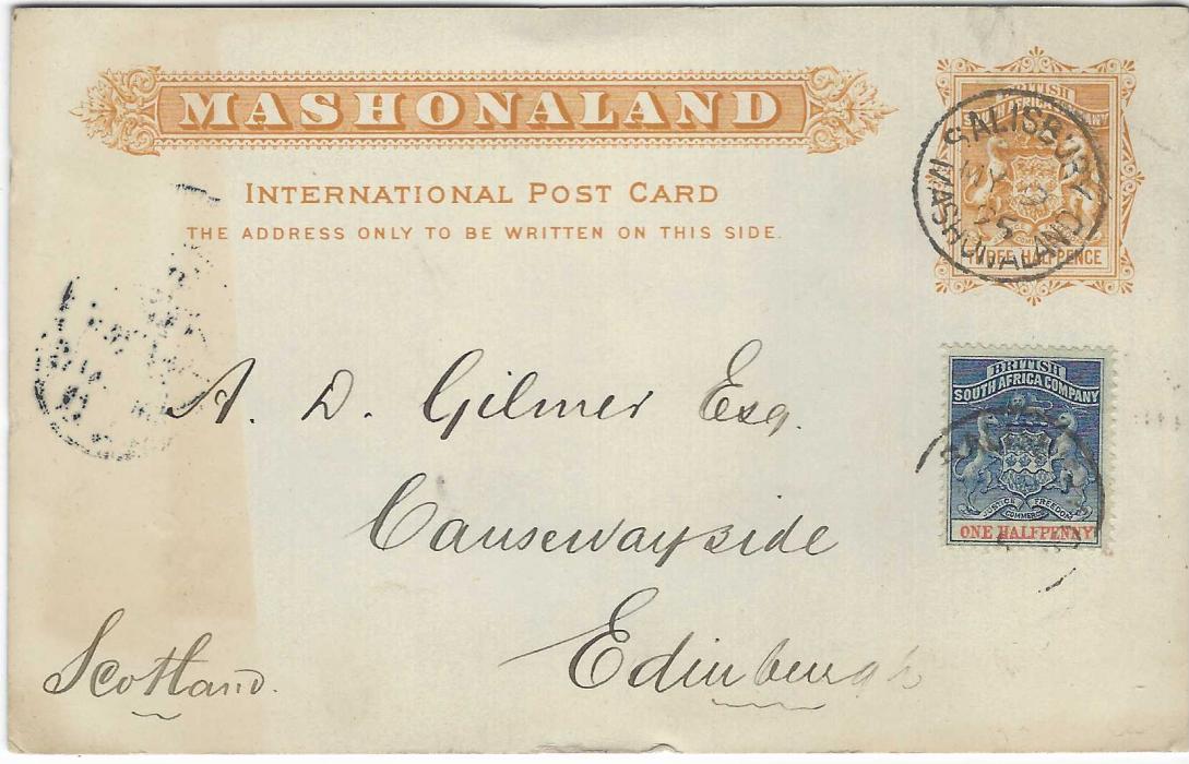 Rhodesia 1895 ‘Mashonaland’ Three Halfpence internal postal stationery card to Scotland additionally franked 1892-94 ½d. tied by Salisbury Mashonaland cds, Cape Town transit backstamp; some paper aging at left.