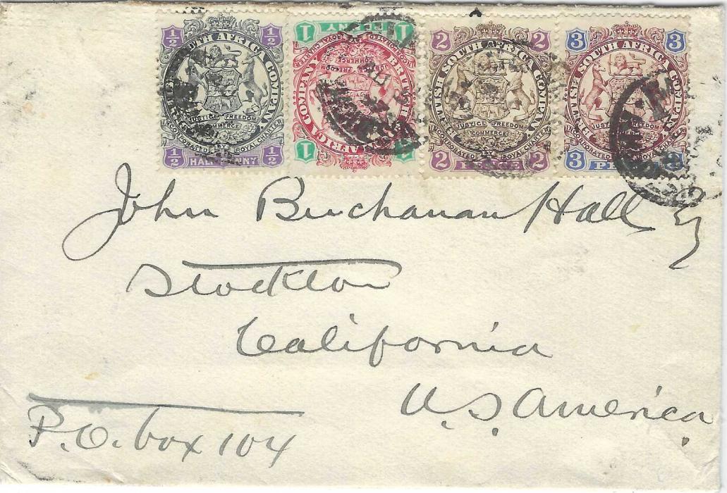 Rhodesia 1897 (AU 5)  cover to Stockton, CA, USA franked 1896-97 Die I 1d., 2d. and 3d. plus Die II ½d. tied by Bulawayo  Rhodesia cds, reverse with small part of backflap missing affecting the New York machine transit.
