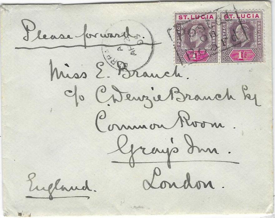 Saint Lucia (Maritime Mail) 1905 envelope to London franked two 1d. tied by framed POSTED/ ON/ BOARD handstamp with Barbados cds to left, arrival backstamp, roughly opened on reverse.