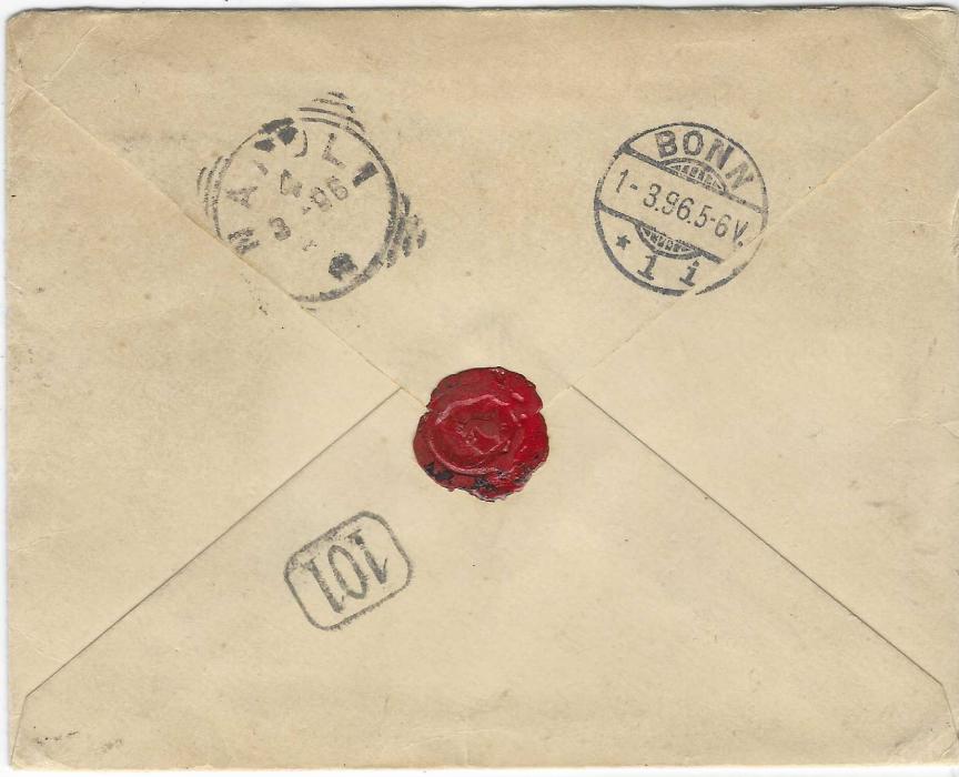 Seychelles 1896 (FE 12) 30c. postal stationery envelope to Bonn, Germany and redirected from there to Napoli, stamp image tied by unclear cds repeated at centre, French maritime Paq. Fr. No.4 cds and Bonn redirection (2.3.), reverse with Bonn and Napoli arrivals.