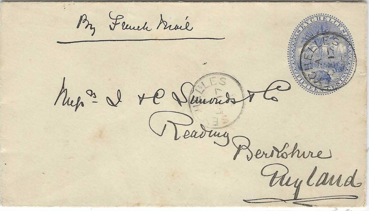 Seychelles 1895 (DE 17) 15c. postal stationery envelope to Reading, with clear cds repeated to left, endorsed “By French Mail”, arrival backstamp of Jan 2 meaning a 14 days passage.