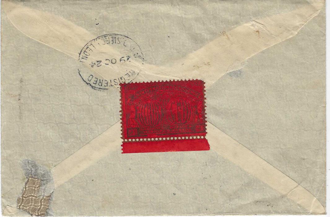 Sierra Leone 1924 (29 OC) registered cover to Bournemouth franked ½d., 1½d. and 3d. tied oval REGISTERED date stamps, registration handstamp bottom left and to left of 3d. ‘LATE’ handstamp, ‘International Exchange’ vignette tied on reverse by arrival cancel; small mounting fault on reverse.