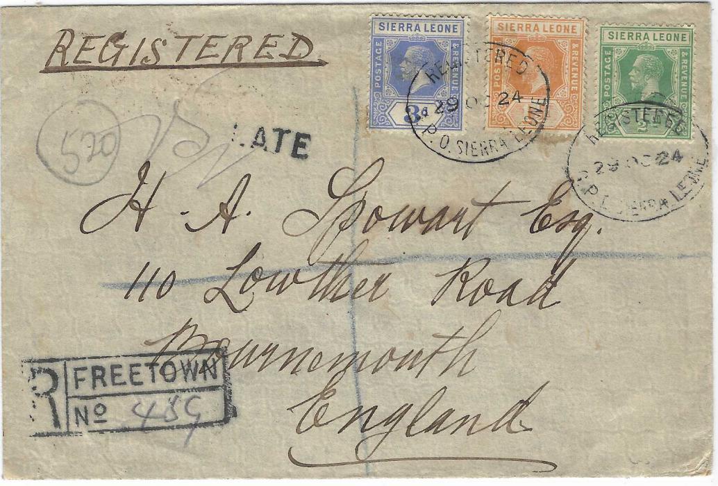 Sierra Leone 1924 (29 OC) registered cover to Bournemouth franked ½d., 1½d. and 3d. tied oval REGISTERED date stamps, registration handstamp bottom left and to left of 3d. ‘LATE’ handstamp, ‘International Exchange’ vignette tied on reverse by arrival cancel; small mounting fault on reverse.