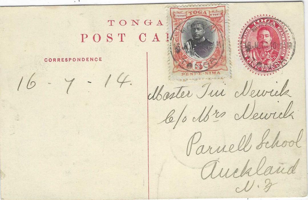 Tonga 1914 (16 JL) picture postal stationery card titled ‘Three Headed Cocoanut’ used to Auckland and uprated  with 1897 5d. King George II, cancelled Haapai cds; some slight staining around stamp.