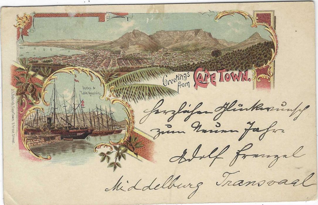 Cape of Good Hope (Picture Postal Stationery) 1900 1d. overprinted card entitled ‘Greetings from Cape Town’ showing two colour images of Docks and Table Mountain, used to Germany, small bottom left corner crease.