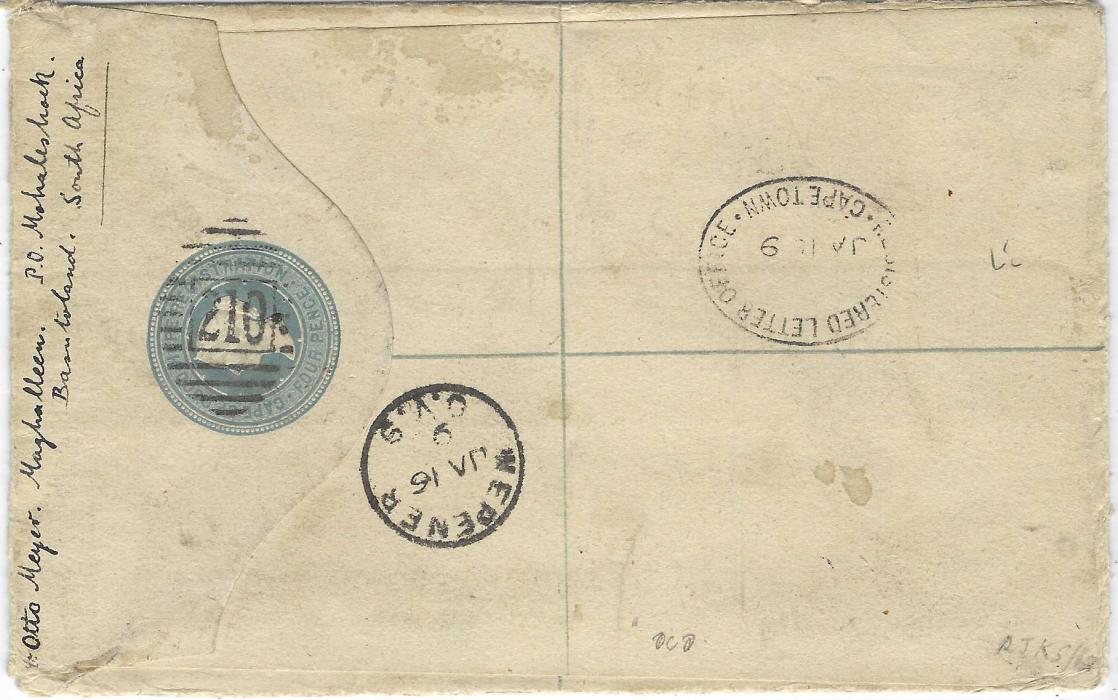 Basutoland 1898 (JA 15) Cape 4d. registered postal stationery envelope to Guatemala uprated by 1884-90 6d pair, 1893-98 ½d. pair, 2½d. and 1893 1d. ‘Hope’ (3, one heavily creased before cancelling), cancelled with fine ‘210’ numerals, Mohaleshoek Basutoland cds with manuscript dates, red and black London transits and large oval violet arrival bottom left;  a fine cover to a very unusual destination.