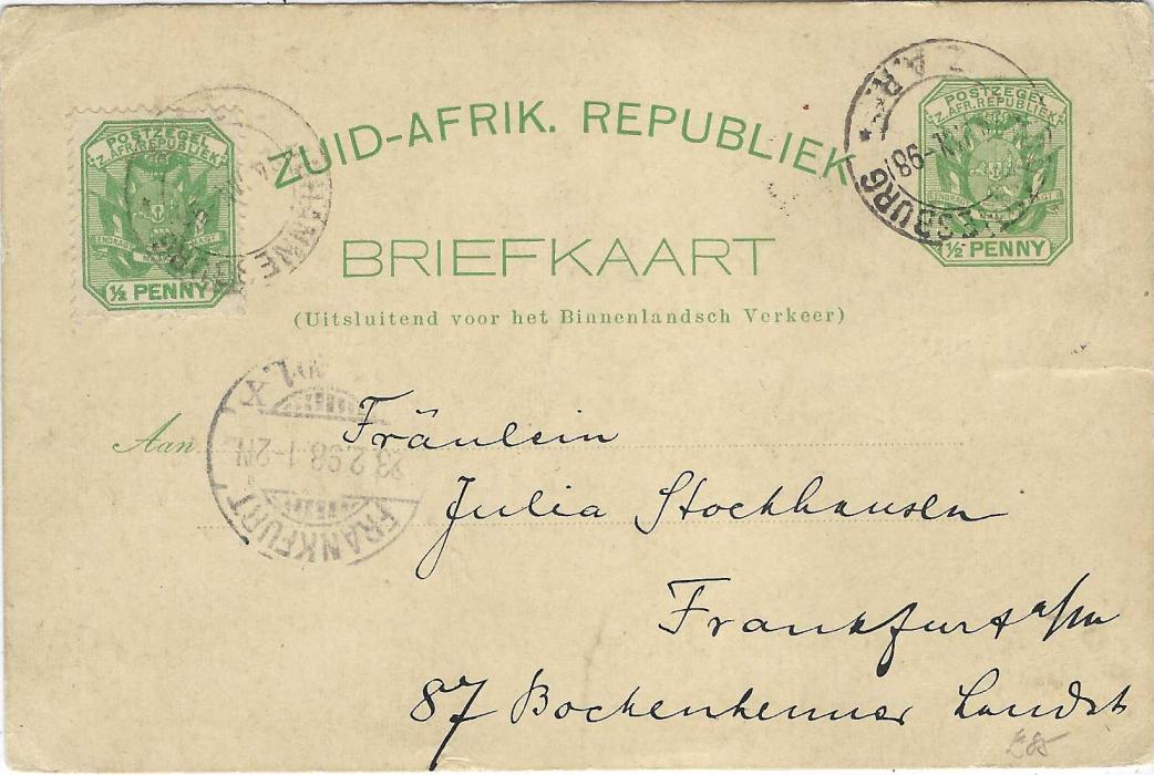 Transvaal (Picture Postal Stationery) 1898 ½ Penny card uprated further ½ Penny to Frankfurt entitled Greetings from Pretoria bearing three images Banks, President Kruger and Government Buildings with Dutch Reformed Church; good used.
