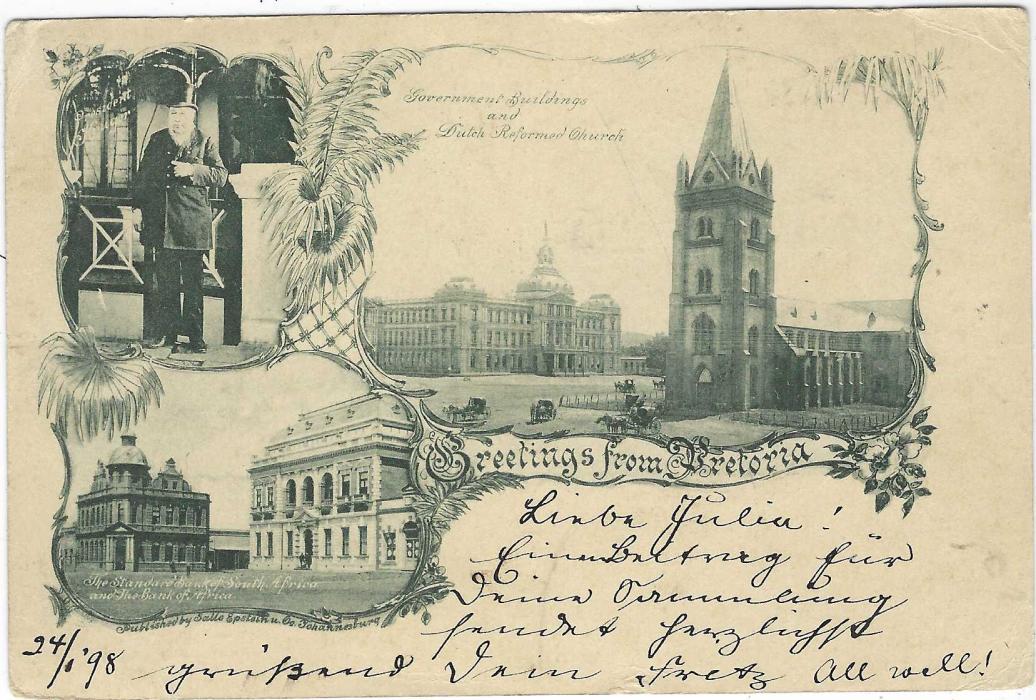 Transvaal (Picture Postal Stationery) 1898 ½ Penny card uprated further ½ Penny to Frankfurt entitled Greetings from Pretoria bearing three images Banks, President Kruger and Government Buildings with Dutch Reformed Church; good used.