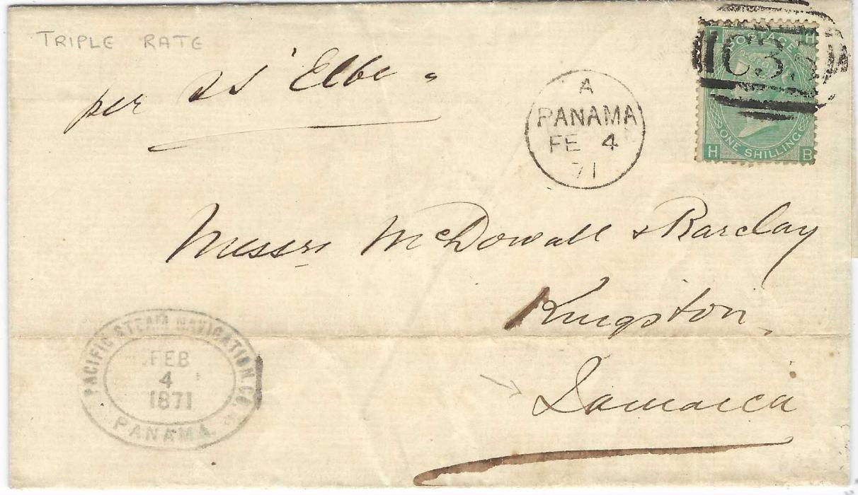 Panama (British Post Offices) 1871 (FE 4) outer letter sheet to Kingston, Jamaica, endorsed “per S S Elbe” bearing single franking  1867-80 wmk Spray 1s, plate 4, HB tied C35 obliterator, paying the triple rate, with Panama cds alongside, company cachet of ‘Pacific Steam Navigation Co’ bottom left, arrival backstamp of FE 7.