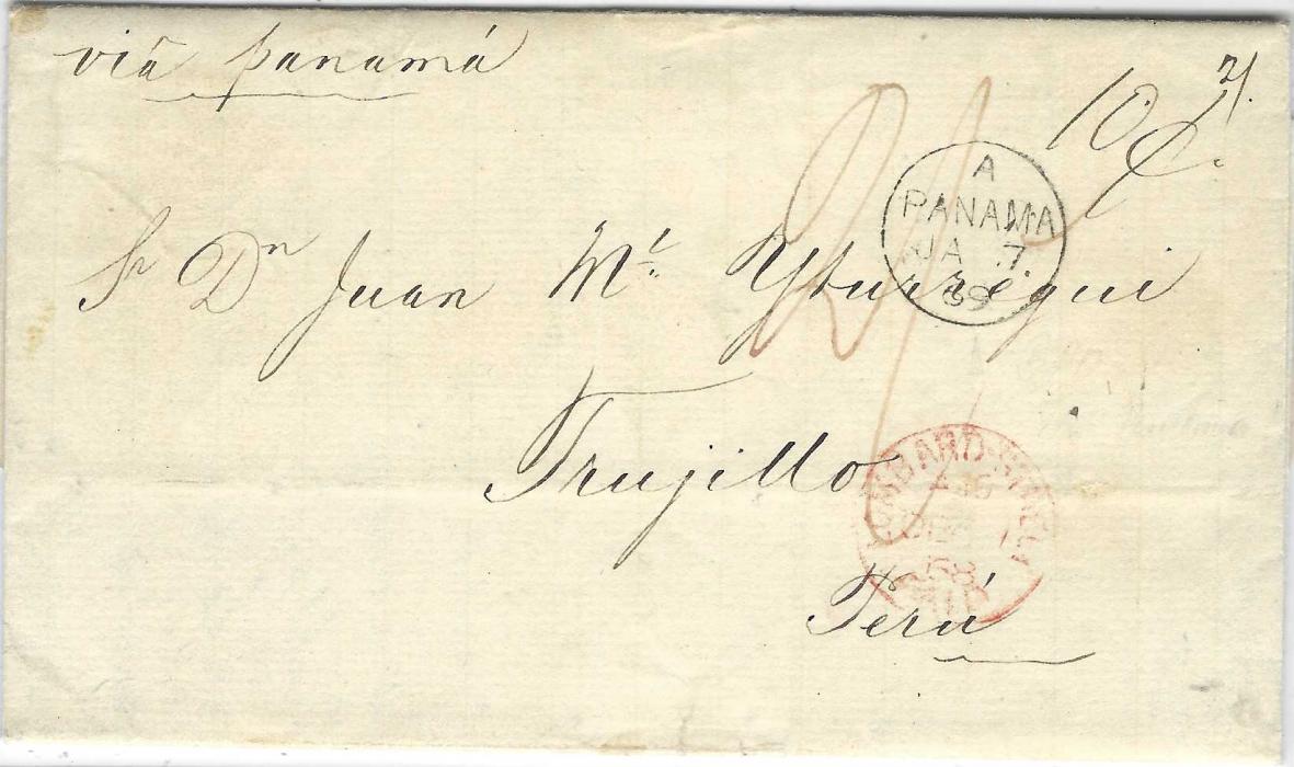 Great Britain 1868 (16 Dec) stampless entire to Trujillo, Peru bearing red Lombard Street Paid cds, manuscript “2/-“ rate, endorsed “via panama” and at top right A PANAMA transit of British Post Office cds; fine clean condition.