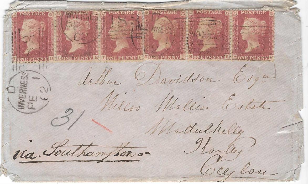 Great Britain (Scotland) 1862 (FE 1) envelope to Kandy, Ceylon franked 1854-57 1d. in two horizontal strips of three, LD-LF and MD-MF cancelled by ‘183’ Inverness duplex, endorsed “via Southampton”, red London transit backstamp and weak red and black arrivals; envelope with corner and edge faults, incomplete backflap and tear at right running just under stamp at right.