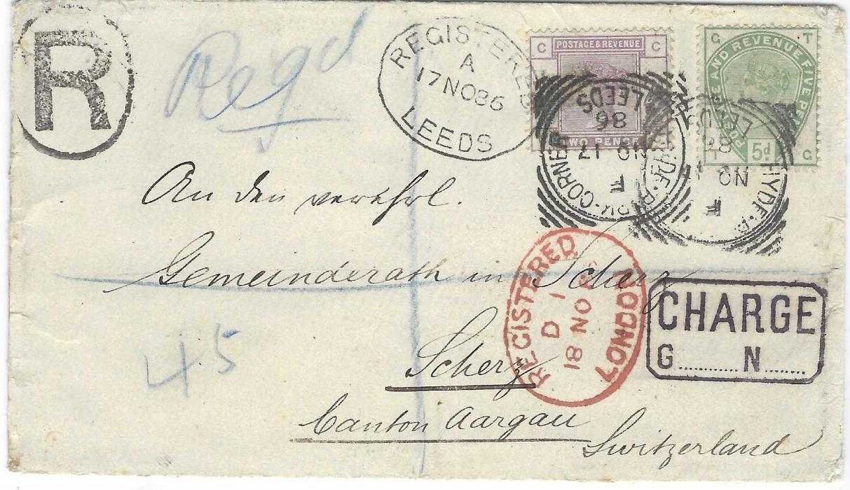 Great Britain 1886 (NO 17) registered cover to Switzerland franked  1883 2d. lilac and 5d. dull green tied by Hyde Park Corner Leeds square circles, Registered Leeds oval alongside, red oval Registered London,  framed CHARGE handstamp, reverse with Ambulant and Brugg cds; a little roughly opened, stamps with good colour.
