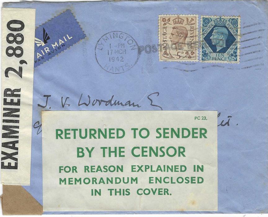 Great Britain 1942 (17 Mch) airmail cover to Irak, franked 5d. and 10d. tied Lymington wavy-line, OPENED BY EXAMINER 2,880 censor tape and a green label added returning item to sender, straight-line handstamp ‘POSTAGE REFUNDED’ across stamps. Included is small printed note stating the contents (probably photographs) is prohibited.