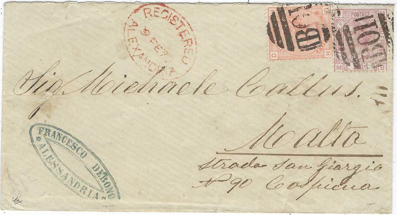 Egypt (British Post Offices) 1877 (9 FE) registered commercial envelope to Cospicua, Malta bearing Great Britain 1873-80 2½d., plate 6, MB and scarce 4d. vermilion, plate 15, HD cancelled by two ‘B01’ obliterators, red REGISTERED ALEXANDRIA oval date stamp to left, arrival backstamp of FE 16. A fine and rare registered cover.
