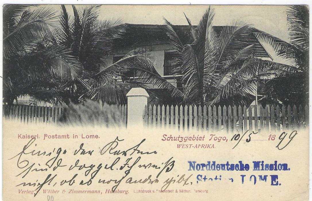 German Colonies (Togo) 1899 (10/5) picture postcard of Lome Post Office to Mission Factory,  Akkra, Gold Coast redirected to Akusa franked ‘TOGO’ overprinted 10pf. tied Lome Togogebiet cds, Quittah transit of MY, Accra arrival of MY 15, redirected with new Accra cds of MY 16 and final Akuse arrival of MY 18. The postcard is handstamped in blue ‘Norddeutsche Mission/ Station Lome’; fine condition.
