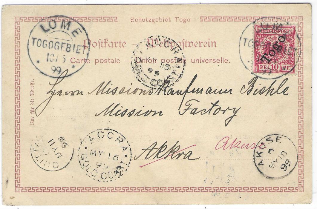 German Colonies (Togo) 1899 (10/5) picture postcard of Lome Post Office to Mission Factory,  Akkra, Gold Coast redirected to Akusa franked ‘TOGO’ overprinted 10pf. tied Lome Togogebiet cds, Quittah transit of MY, Accra arrival of MY 15, redirected with new Accra cds of MY 16 and final Akuse arrival of MY 18. The postcard is handstamped in blue ‘Norddeutsche Mission/ Station Lome’; fine condition.