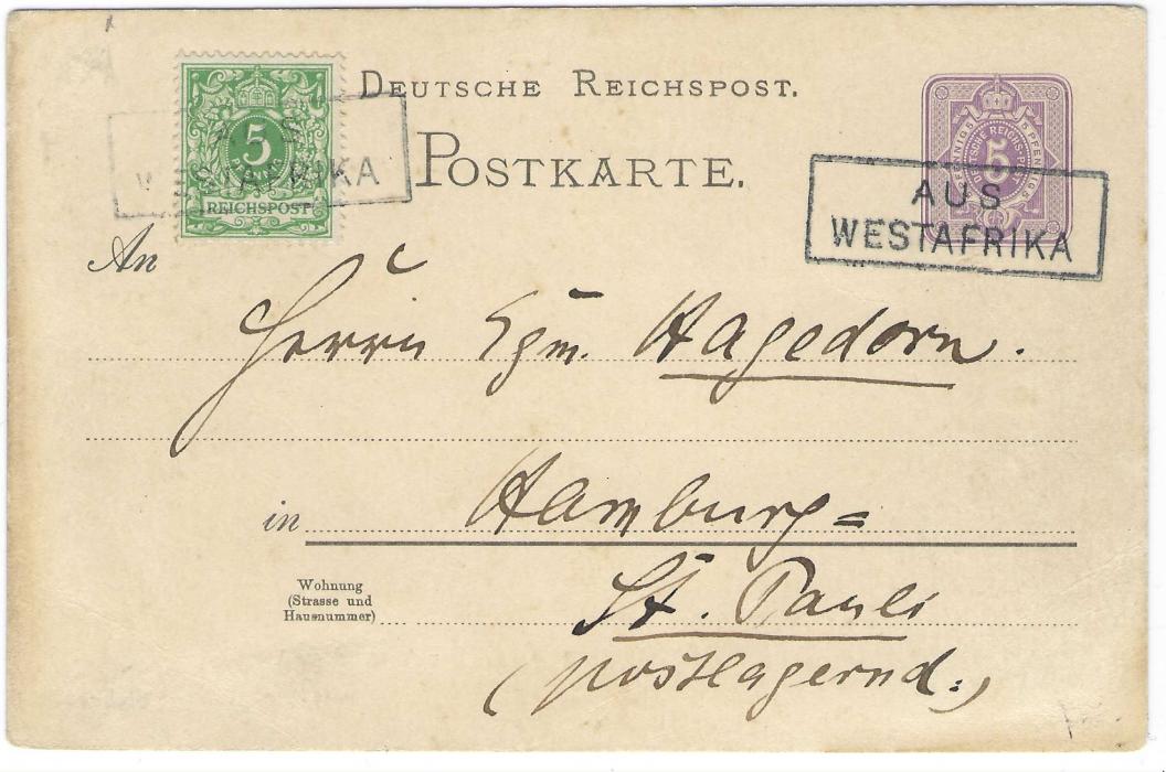 German Colonies (Togo) c1890 5pf postal stationery card uprated 5pf. to Hamburg, each tied by framed ‘AUS/ WESTAFRIKA’ handstamps, short message headed “Lome, Togogebiet. 12.12.-“; some slight ageing at left edge not detracting unduly.