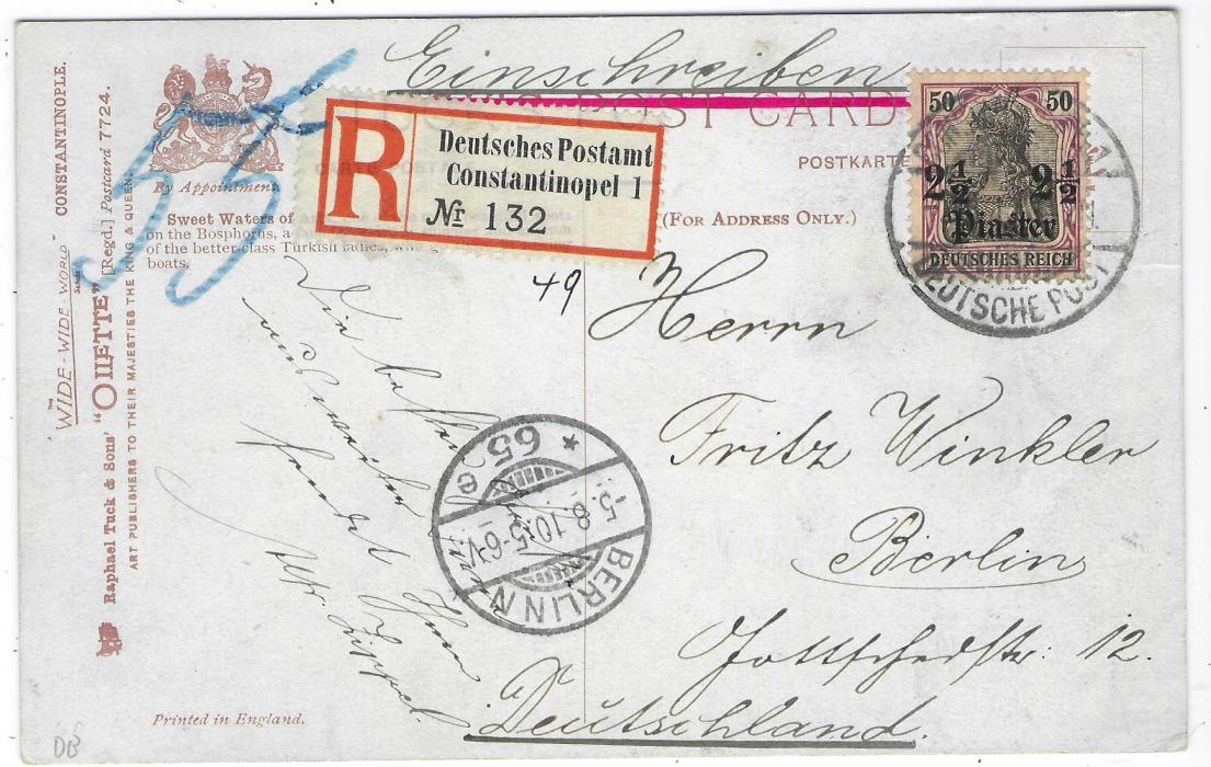 German Post Offices 1910 picture postcard ‘Constantinople, Sweet Waters of Asia’ sent registered to Berlin, franked 2½pi. on 50pf tied Constantinopel cds with registration label to left; fine and unusual.