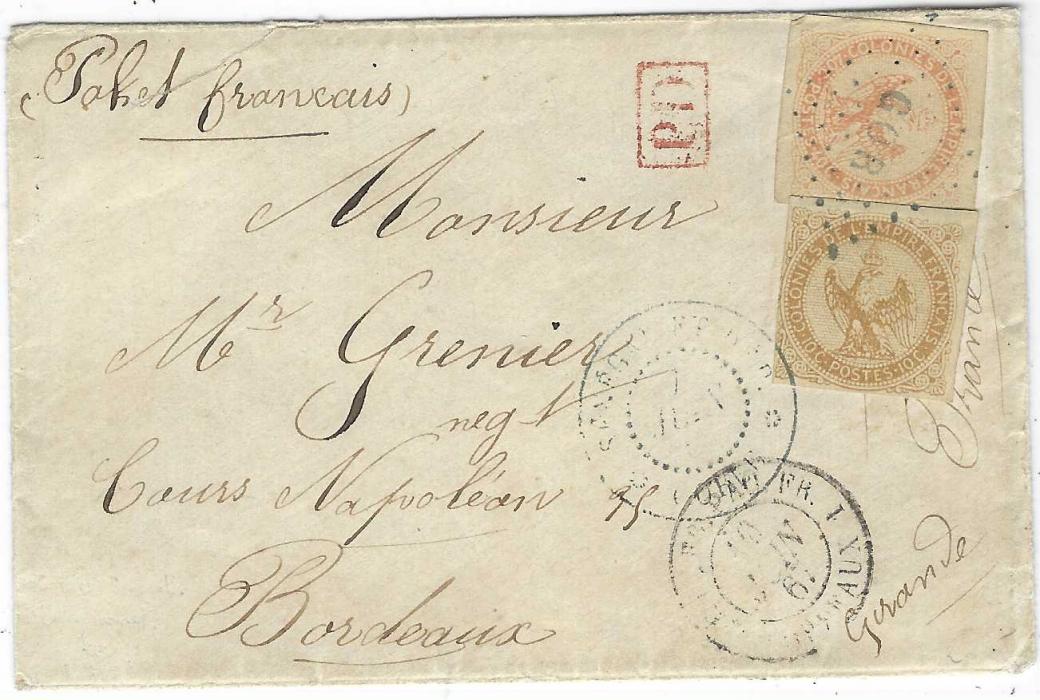 Senegal 1867 envelope to Bordeaux franked ‘Eagle’ 10c. (touched margin) and a 40c. cancelled lozenge GOR in a blue-grey shade, Senegal Et Dept Gorce date stamp in same ink, Bordeaux maritime cancel below, the envelope being endorsed “paket francais”. With contents. Behr Certificate.