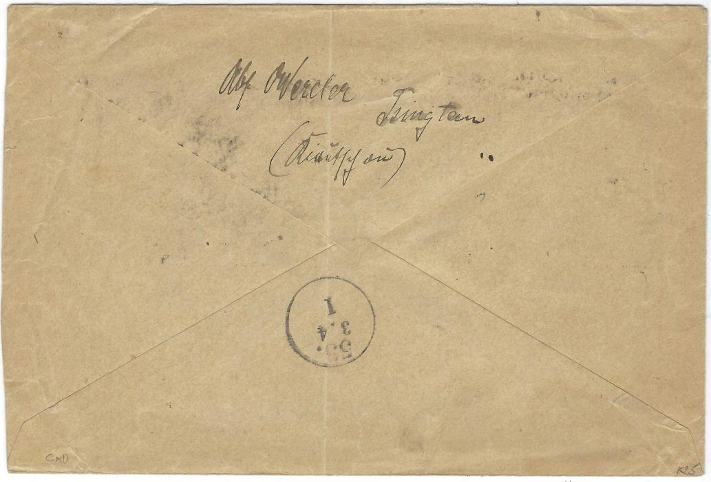 China German Colonies (Kiautschou Forerunner) 1901 (26/2) registered envelope to Berlin franked ‘China’ overprinted 3pf. in vertical strips of two and three plus 25pf. tied by Tsingtau Kiautschou cds, registration label clear of the vertical filing fold, arrival backstamp. A slightly larger cover paying the correct rate.