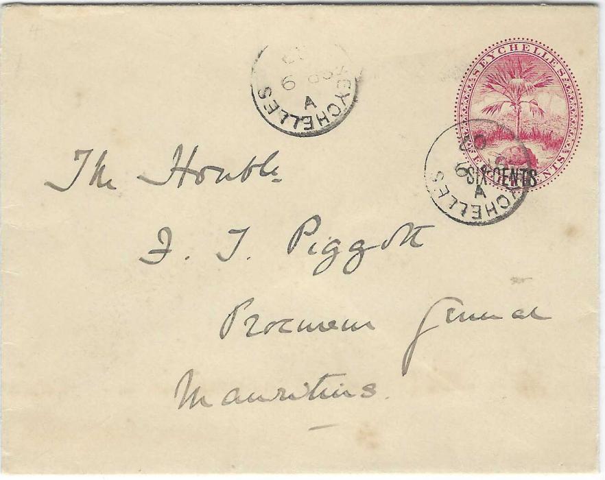 Seychelles (Postal Stationery) Two 6c. on 8c. size A envelopes, 1904 uprated used to France paying correct 15c foreign rate, La Reunion a Marseilles maritime cancel, plus 1902 envelope of same size to Mauritius paying 6c Imperial Penny Post, cancelled Seychelles cds showing inverted ‘A’; first envelope some staining