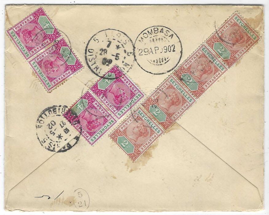 Seychelles (Postal Stationery) 1902 (AP 23) 18c on 30c registered stationery envelope to Paris uprated on reverse four 2c. and four 4c., paying the double foreign letter rate to Paris plus 12c registration, reverse with Mombasa transit of 29 AP, endorsed at top “via Zanzibar” in apparent different script, at bottom left Deutsche Seepost Ost Afrikanische Hauptlinie with uncertain code letter; some staining on front not detracting from good German maritime commercial cover.