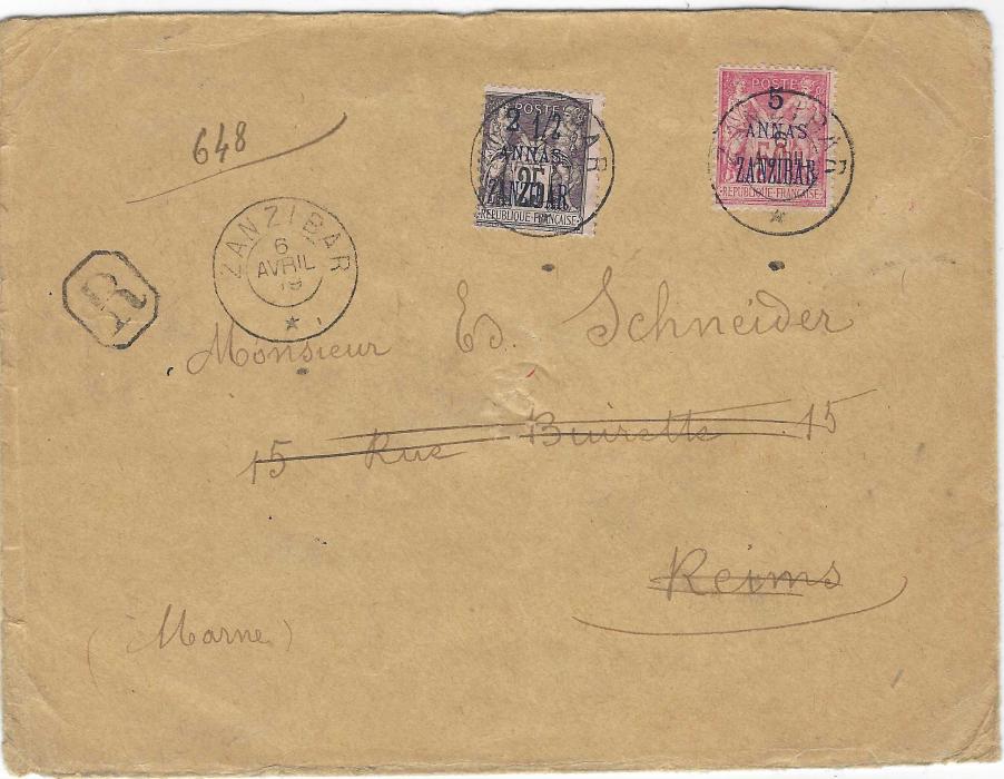 Zanzibar (French Post Offices) 1899 (6 Avril) registered double rate envelope to Reims, franked with surcharged and overprinted  2 ½  annas on 25c. and 5 annas on 50c tied double ring cds, framed ‘R’ handstamp to left, redirected internally, reverse with arrivals.