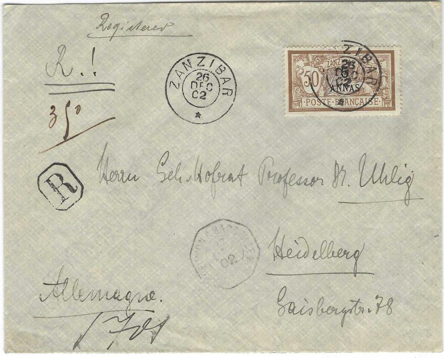 Zanzibar (French Post Offices) 1902 (26 Dec) registered envelope to Heidelberg, Germany franked with surcharged and overprinted  5 anna on 50c. ‘Merson’  tied double ring cds, unclear maritime la Reunion A Marseille date stamp towards base, arrival backstamp.