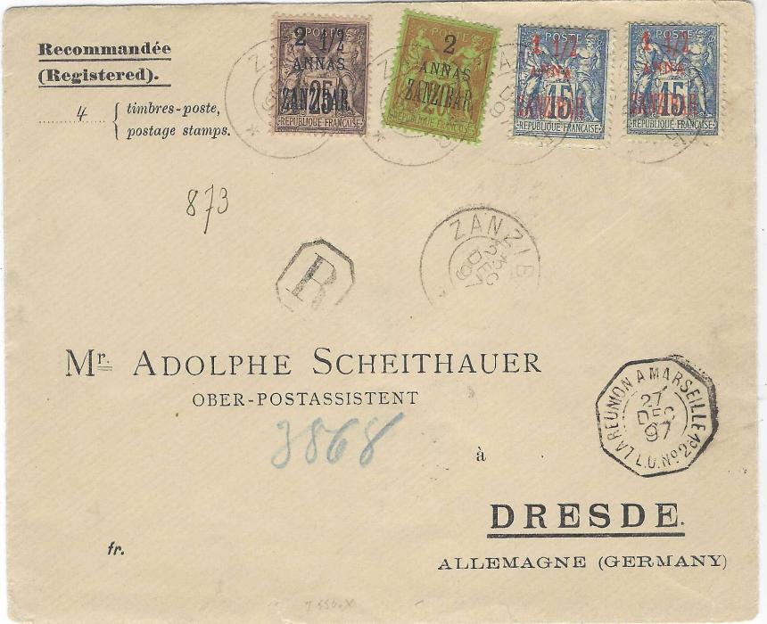 Zanzibar (French Post Offices) 1897 (23 Dec) registered double rate printed envelope to Dresden franks 1½ anna on 15c. (2), 2 annas on 20c. and 2½ annas on 25c. tied double-ring cds, fine octagonal La Reunion A Marseille L.U. No.2 date stamp; arrival backstamp.