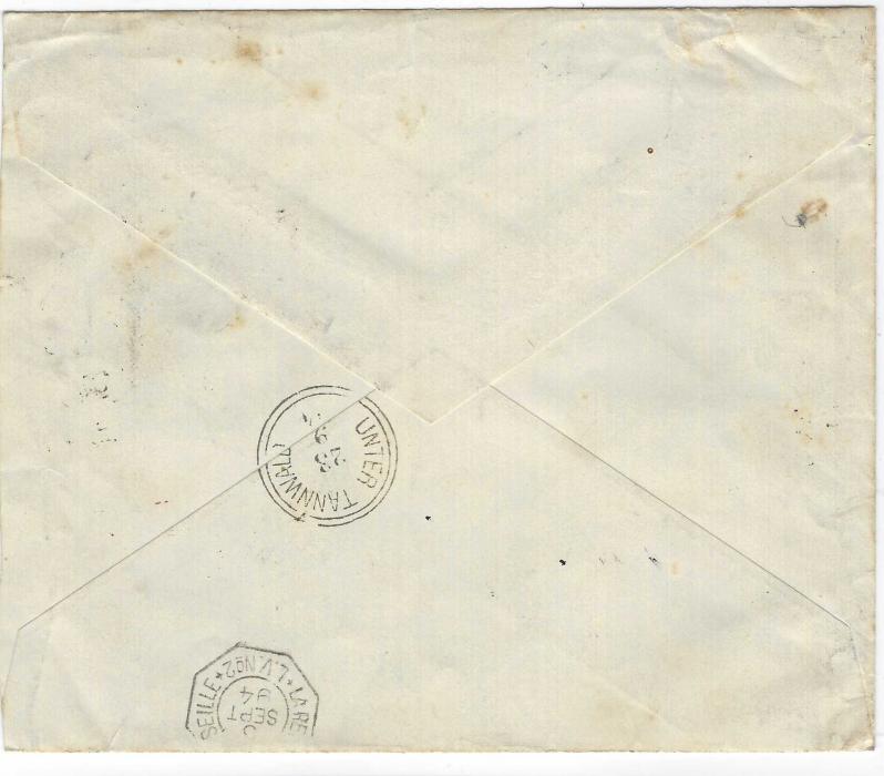 Zanzibar (French Post Offices) 1894 (Sept) double rate registered envelope to Tannwald, Austria franked unoverprinted ‘Sage’ 15c. and pair 30c. tied somewhat unclear Zanzibar double-ring cds, red framed ‘R’ handstamp at left, reverse with part La Reunion A Marseille maritime date stamp and arrival cds. Cut open down right side.