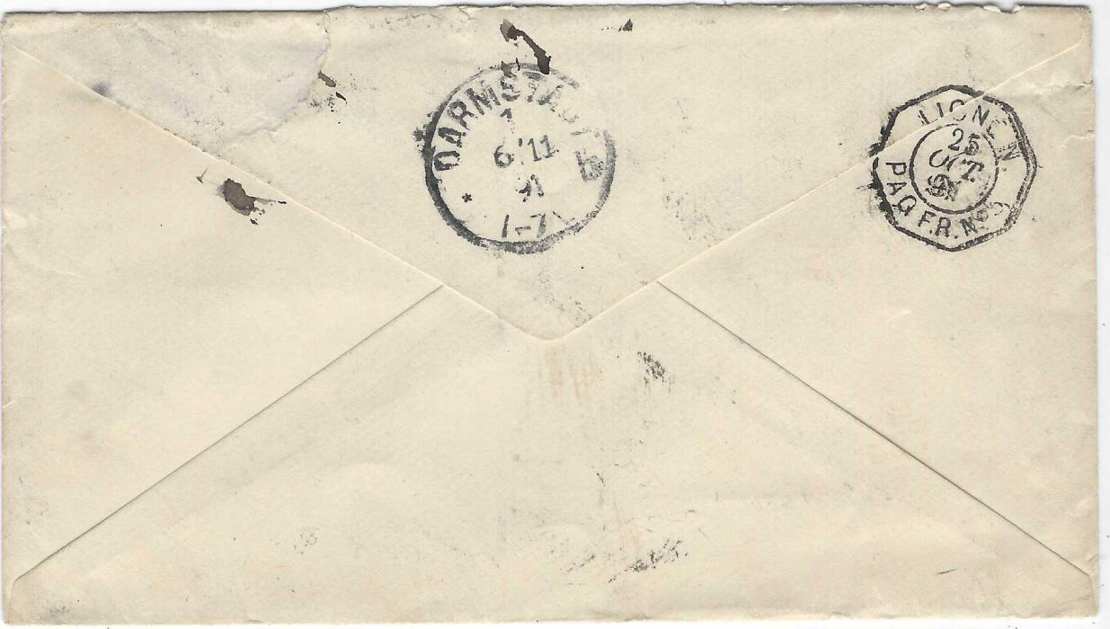 Zanzibar (French Post Offices) Two 1891 envelopes to Darmstadt, Germany, the first a single franking 25c. Sage written en route to Zanzibar by passenger on SS Amazone (LV No.3) from Marseilles, transferred at Aden (Oct 25) to the Ligne N mailboat to Marseilles, the second a double rate envelope from Zanzibar per French mail with La Reunion A Marseille LV.No.2 date stamp. The first with some tears and the second stained.