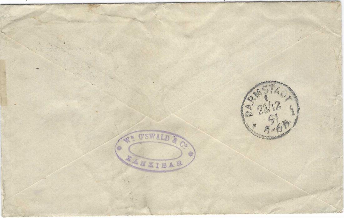 Zanzibar (French Post Offices) Two 1891 envelopes to Darmstadt, Germany, the first a single franking 25c. Sage written en route to Zanzibar by passenger on SS Amazone (LV No.3) from Marseilles, transferred at Aden (Oct 25) to the Ligne N mailboat to Marseilles, the second a double rate envelope from Zanzibar per French mail with La Reunion A Marseille LV.No.2 date stamp. The first with some tears and the second stained.