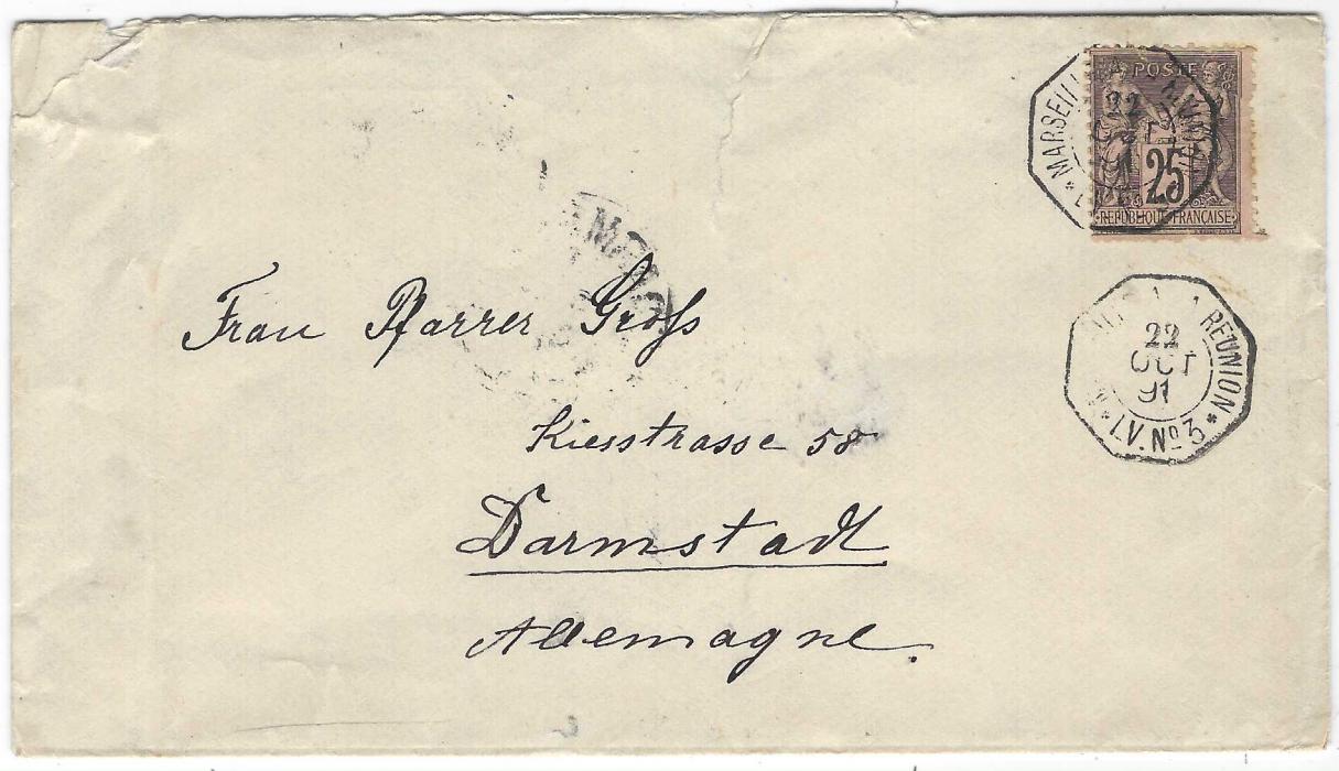 Zanzibar (French Post Offices) Two 1891 envelopes to Darmstadt, Germany, the first a single franking 25c. Sage written en route to Zanzibar by passenger on SS Amazone (LV No.3) from Marseilles, transferred at Aden (Oct 25) to the Ligne N mailboat to Marseilles, the second a double rate envelope from Zanzibar per French mail with La Reunion A Marseille LV.No.2 date stamp. The first with some tears and the second stained.