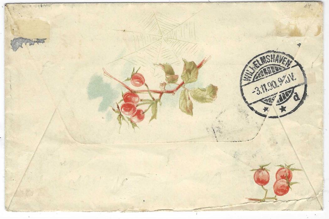 Zanzibar (German Post Offices) 1890 (11/10) envelope to Wilhelmhaven, Germany franked with two Germany20pf, each with top gutter margin tied by two Zanzibar/ Kaiserl Deutsche/ Postagentur date stamps, repeated at top. Reverse of envelope with illustrations and arrival cds of 3.11. Some slight tones, a rare cover from this German Postal Agency, operative between August 1890 and July 1891.