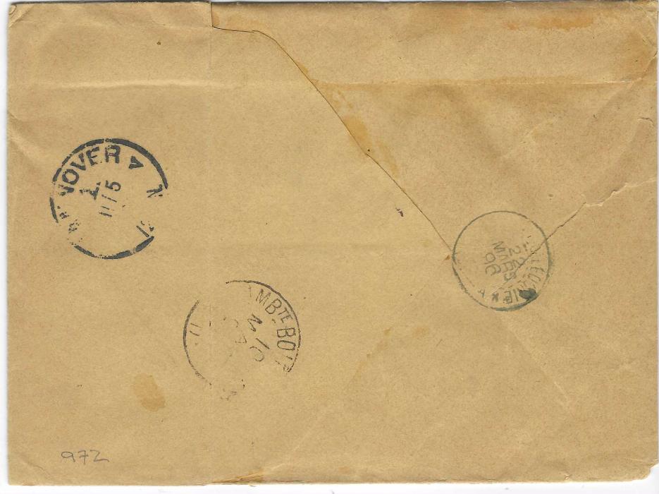New Caledonia 1896 registered cover to Hannover franked 25c. (3) and 50c. paying the quadruple weight (1F postage plus 25c registration) cancelled Moindou cds, transit and arrival backstamps; a couple of slight faults to home-made envelope, a remarkable franking for a small village.